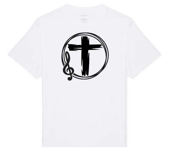 t-shirt with a picture of a circle. in the circle is a cross. on the rim of the circle is a treble clef