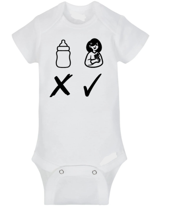 baby onesie with a picture of a bottle and a mom. the bottle has an X under it while the mom has a check mark under it.