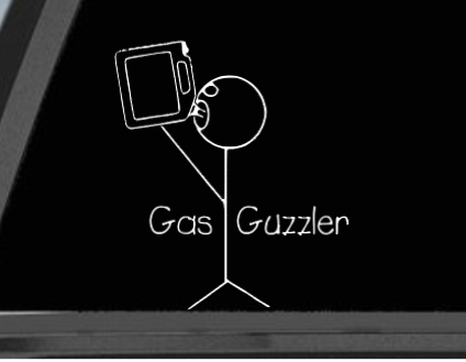 picture of a stick figure drinking gas from a gas can with the words 'gas guzzler'