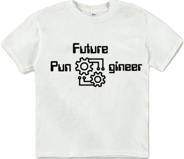 white kids t-shirt with the words 'future pun gineer' with gears in between pun and gineer